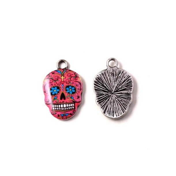 Silver-plated charm, enamel skull, pink, 21x14mm, 1pc.