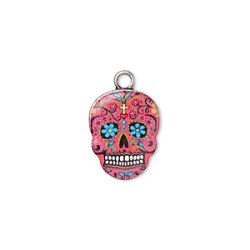 Totenkopf-Anh&auml;nger, versilbert / Emaille, pink, 21x14 mm, 1 Stk.