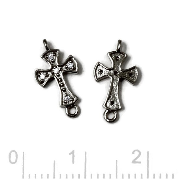 Cross, link with two loops and Cubic Zirkon, black silver, 14x7,5mm, 1pc