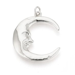 Pendant, large crescent moon with face, platinum-plated brass, 30x24.5 mm, 1 pc