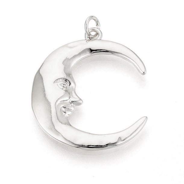 Pendant, large crescent moon with face, platinum-plated brass, 30x24.5 mm, 1 pc