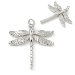 Dragonfly pendant with jumpring, platinum-plated brass, 25x24.5 mm, 2 pcs