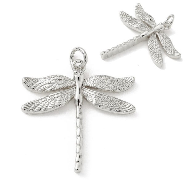Dragonfly pendant with jumpring, platinum-plated brass, 25x24.5 mm, 2 pcs