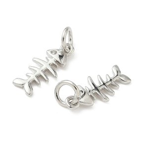 Fish skeleton, pendant with ring, platinum plated brass, 14.5x6.5 mm, 2 pcs