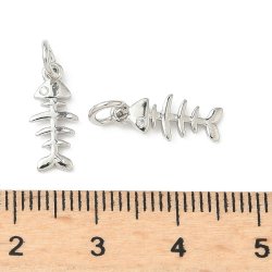 Fish skeleton, pendant with ring, platinum plated brass, 14.5x6.5 mm, 2 pcs