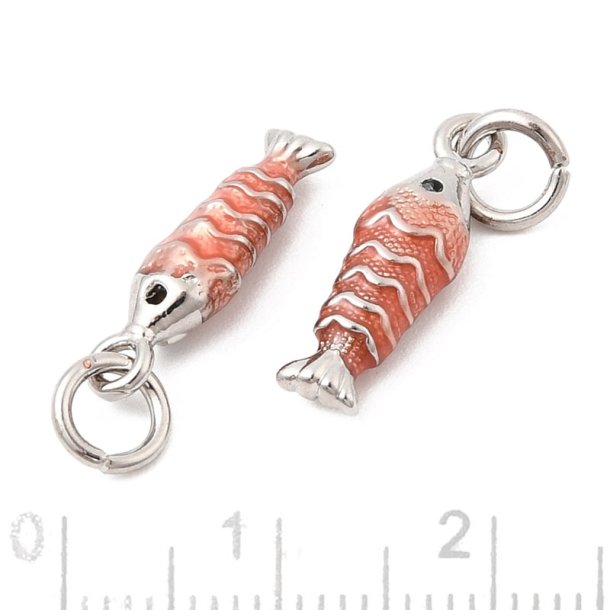 Fisk, vedh�ng, platinfarvet messing med pink emalje, 15x5x4 mm, 2 stk.
