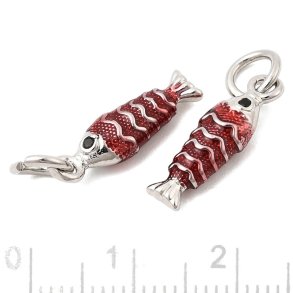 Fisk, vedh�ng, platinfarvet messing med r�d emalje, 15x5x4 mm, 2 stk.