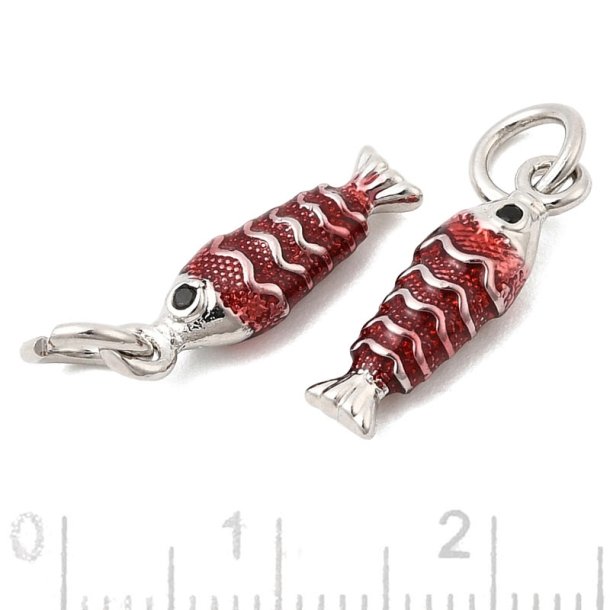 Fisk, vedh�ng, platinfarvet messing med r�d emalje, 15x5x4 mm, 2 stk.