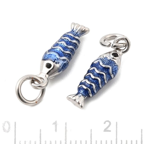 Fisk, vedh�ng, platinfarvet messing med bl� emalje, 15x5x4 mm, 2 stk.