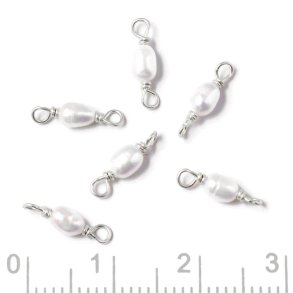 Link with white 4x3 mm freshwater rice pearl, 2 loops, silver, 2 pcs