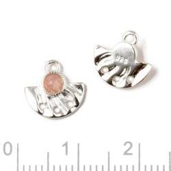 Zwischenst&uuml;ck, F&auml;cher, 3 L&ouml;cher, &Ouml;se und rosa Opal, Silber, 10x10 mm. 2 Stk