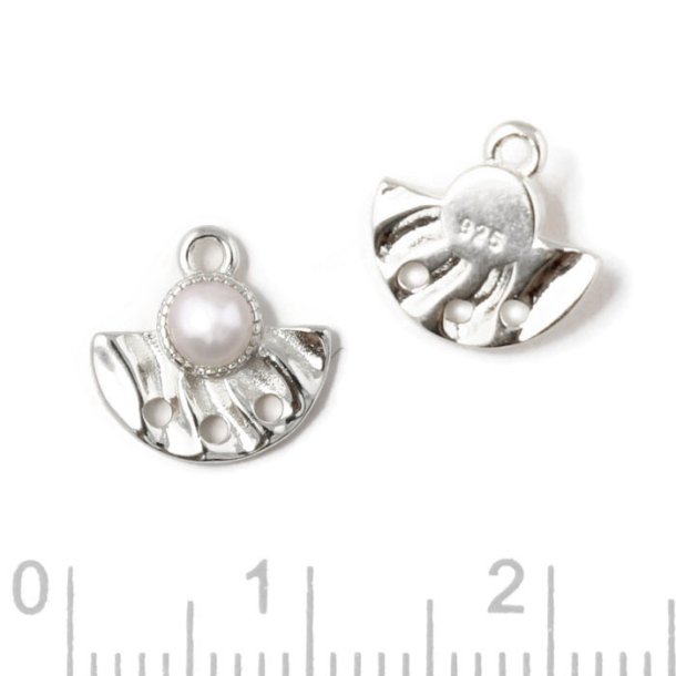 Link, fan with 3 holes, loop and freshwaterpearl, silver, 10x10 mm. 2 pcs.