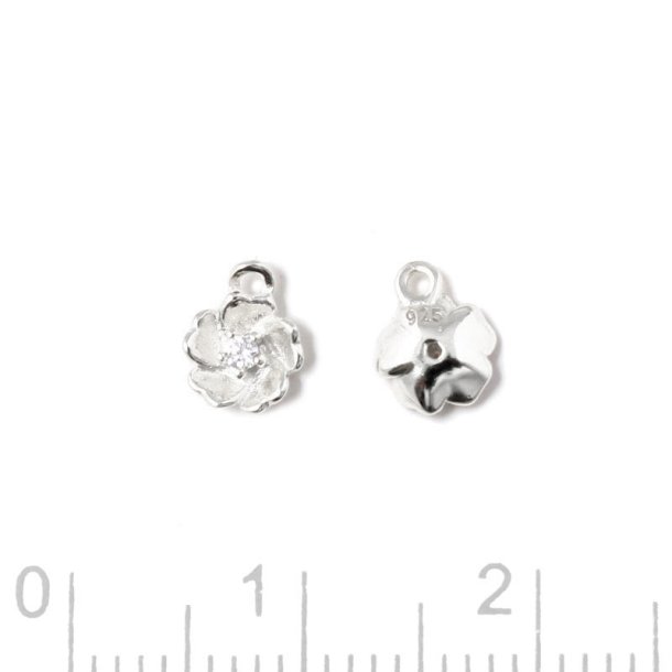 Pendant, small flower with CZ, 1 loop, silver, 5.4x6.7x1.8 mm, 2 pcs