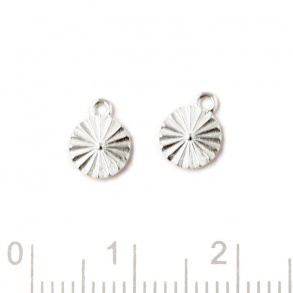 Charm, round with sun beam facets and loop, silver, 6x8x1.2mm, 2pc