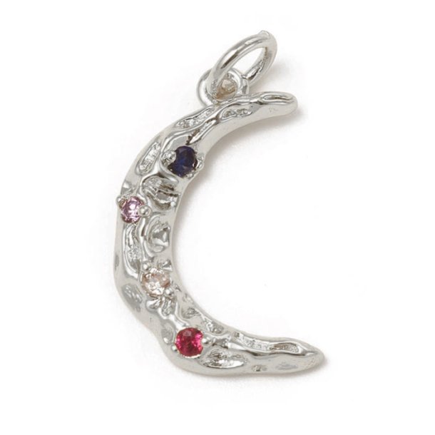 Crescent moon pendant, coloured zirconia, platinum-plated brass, with loop, 19x12x3 mm, 1 pc