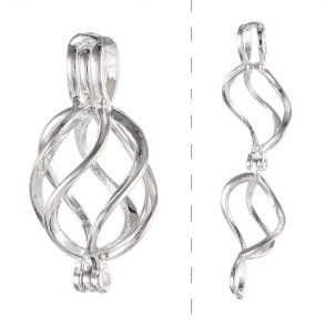 Versilberter Tropfen-Anhänger, gedrehter Perlenkäfig, 23x11mm für 5-7 mm Perlen, 1 Stk.