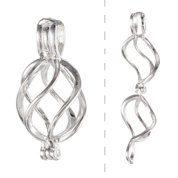 Silver-plated teardrop-shaped pendant, twisted pearl cage for 5-7mm beads 23x11mm, 1pc.