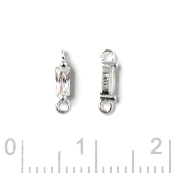 Small link with rectangular Zircon, and 2 loops, silver, 9x2x2.5mm, 2pcs