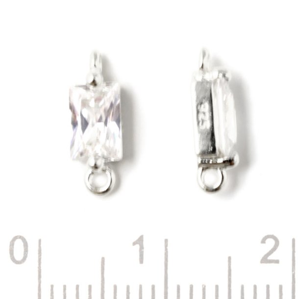 Small link with rectangular Zircon, and 2 loops, silver, 11,5x4x3mm, 2pcs