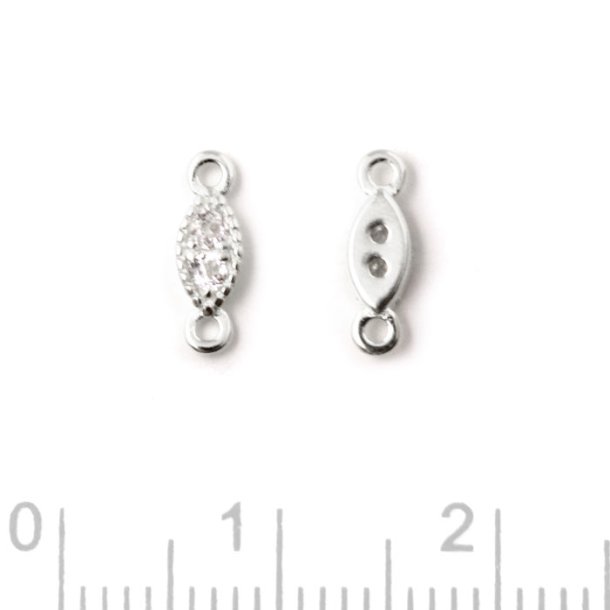 Connector with Cubic Zircon and two loops, oval, silver, 9.5x3x2mm, 2pcs