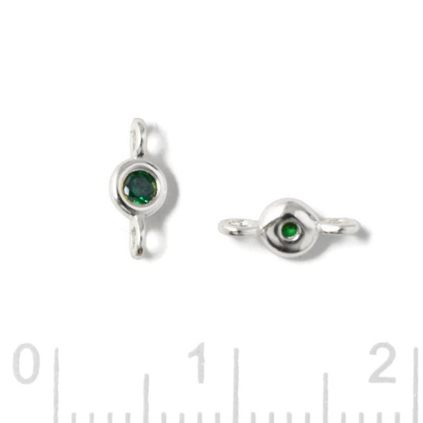 Link, round zirconia with 2 loops, emerald green, silver, 7,5x3x2mm, 2pcs