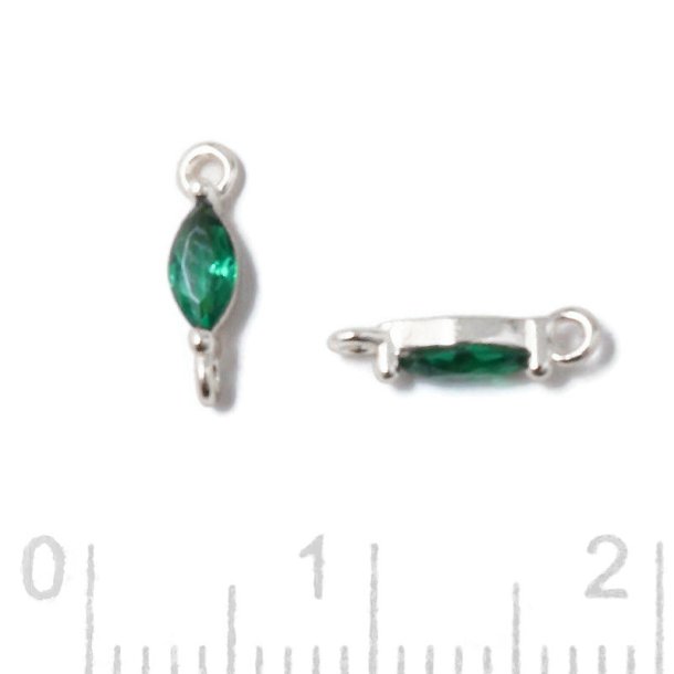 Small link, oval zirconia with 2 loops, emerald green, silver, 9,5x2x2.5mm, 2pcs