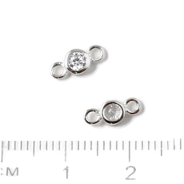 Connector with cubic zircon and two loops, silver, 9x4x3mm, 1pc