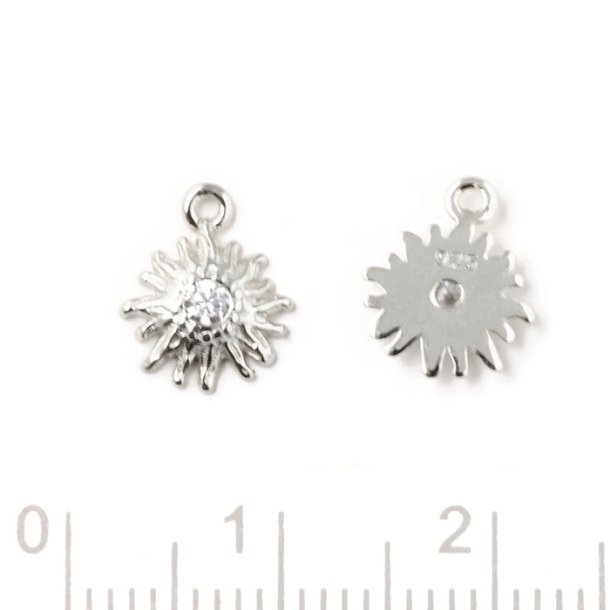 Pendant, flower with CZ in the center, 1 eyelet, silver, 10x8x2mm, 1 pc