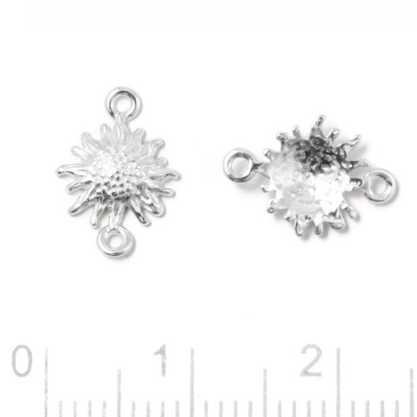 Jewelry link, sun shape, 2 eyelets, silver, 12x8.5x2mm, 1 pc