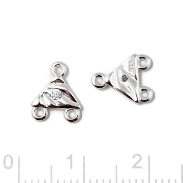 Triangle link with clear zirconia and 3 loops, silver, 8x10mm, 2 pcs
