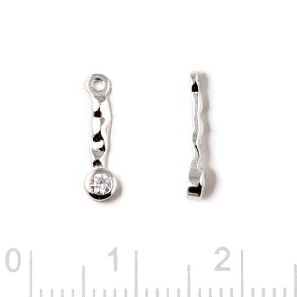 Pendant, uneven oblong with zirconia, with 1 hole, silver, 12,5x3x1,5 mm, 2 pcs