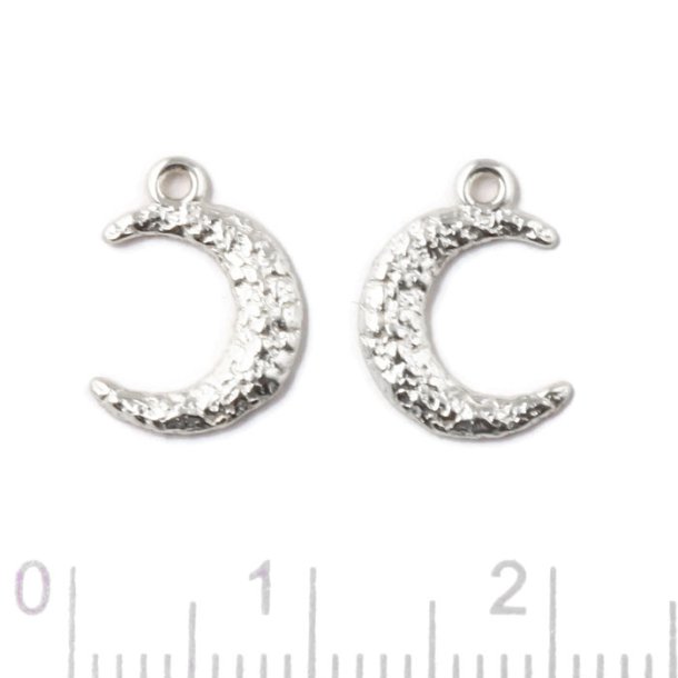 Pendant, crescent moon, hammered surface with two loops, silver, 12x8,5 mm, 2 pcs