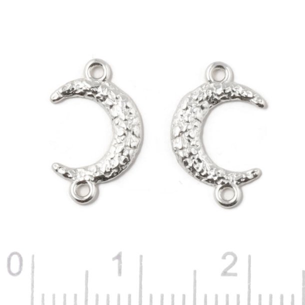 Link, crescent moon, hammered surface with 2 loops, silver, 14x8.5 mm, 2 pcs