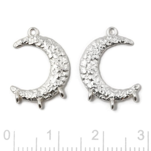 Link, crescent moon, hammered surface with 4 loops, silver, 19x13 mm, 2 pcs