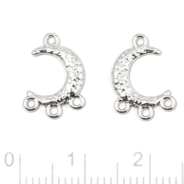 Pendant, crescent moon, hammered surface with 4 loops, silver, 14x8.5 mm, 2 pcs