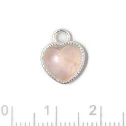 Heart charm with rose quartz gemstone, twisted bezel, silver, 12x10 mm, 1 pc