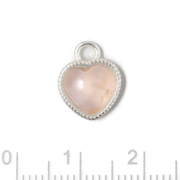 Heart charm with rose quartz gemstone, twisted bezel, silver, 12x10 mm, 1 pc