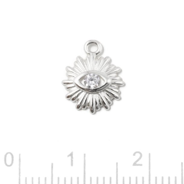 Pendant, sun shape with eye symbol, flat back, 1 loop, silver, 12x10x2 mm, 1 pc