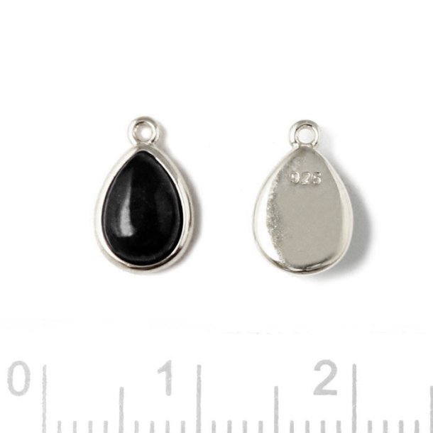 Pendant with black onyx, drop shape, silver, 10x6.5mm, 1pcs