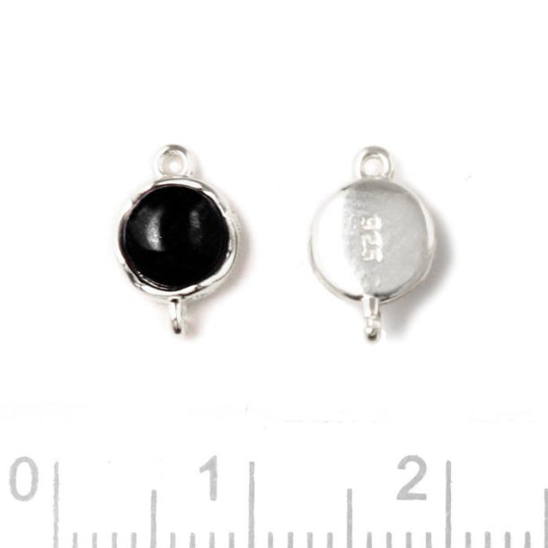 Link with black onyx cabochon, round, silver, 10x6.5mm, 1pc