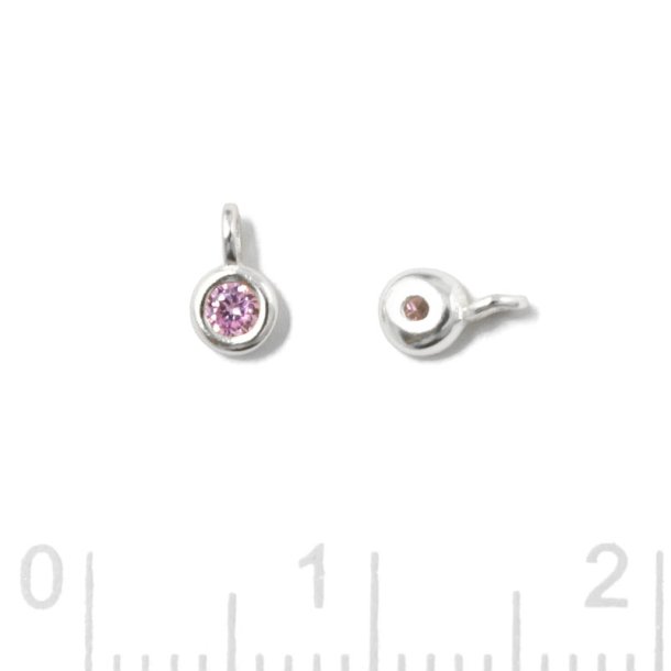 Pendant, round zirconia with loop, pink, silver, 5x3x2mm, 2pcs