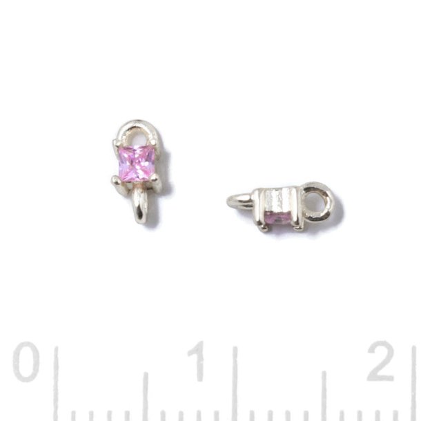 Small link, square shape zirconia with 2 loops, pink, silver, 6x3x2.5mm, 2pcs