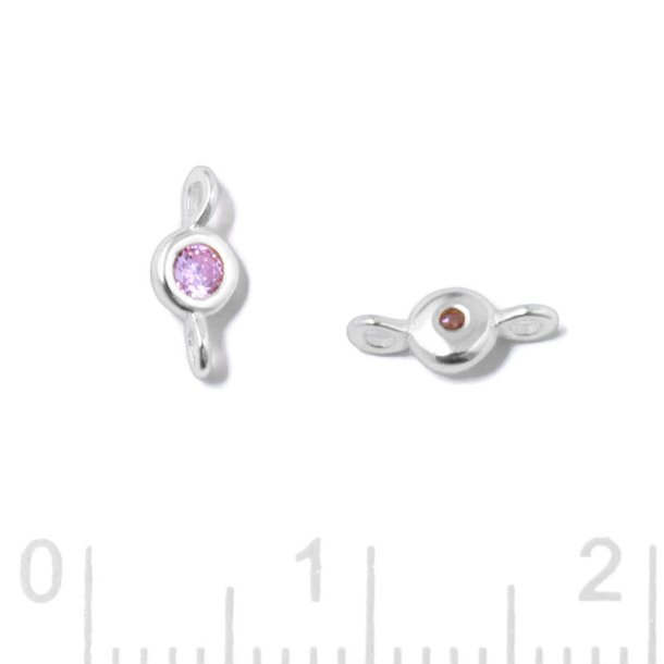 Link, round zirconia with 2 loops, pink, silver, 7,5x3x2mm, 2pcs