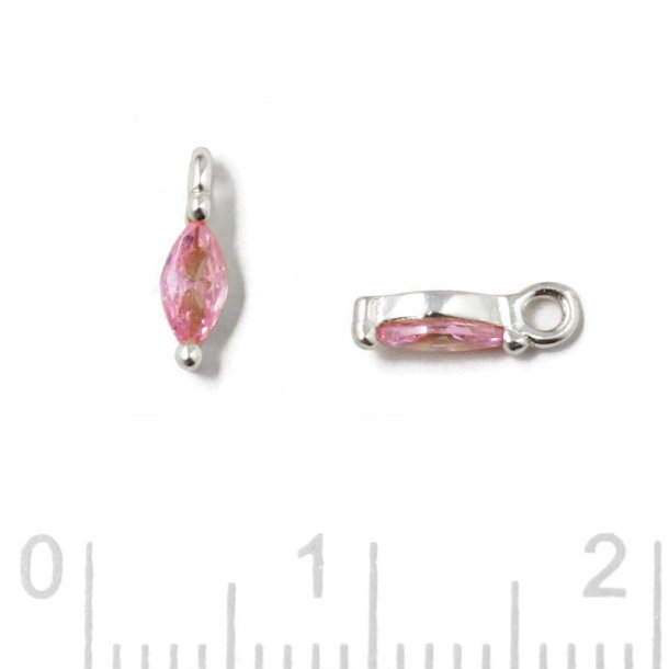 Pendant, oval zirconia with loop, pink, sterling silver, 7x2x2.5mm, 2pcs
