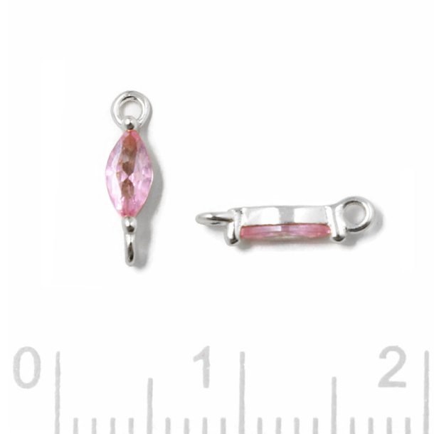 Small link, oval zirconia with 2 loops, pink, silver, 9,5x2x2.5mm, 2pcs