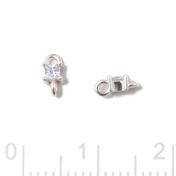 Small link, square shape zirconia with 2 loops, clear, silver, 6x3x2.5mm, 2pcs