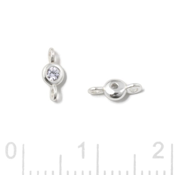 Link, round zirconia with 2 loops, clear, silver, 7,5x3x2mm, 2pcs