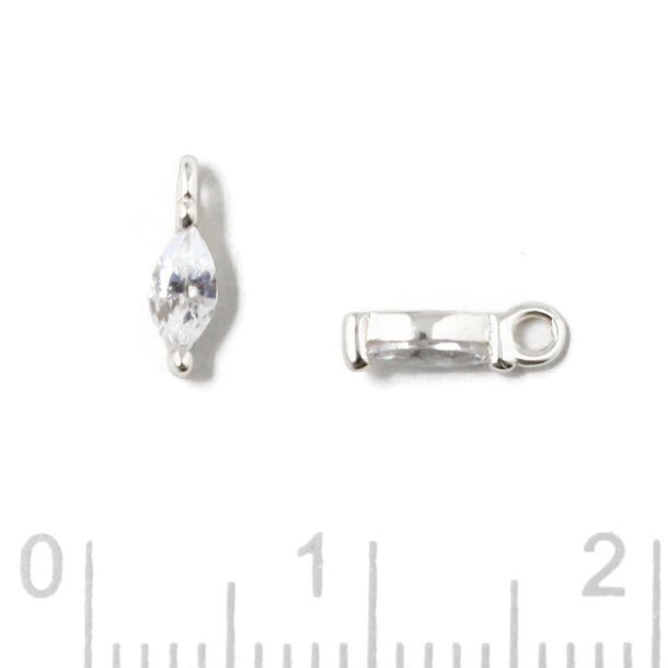 Pendant, oval zirconia with loop, clear, silver, 7x2x2.5mm, 2pcs