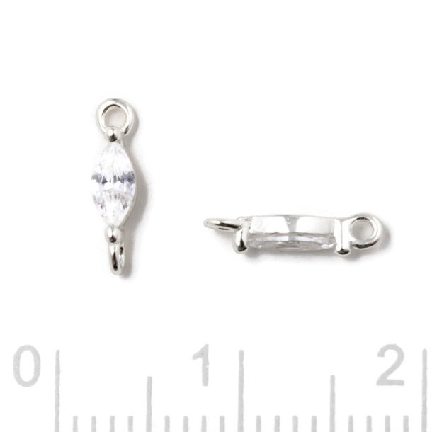 Small link, oval zirconia with 2 loops, clear, sterling silver, 9,5x2x2.5mm, 2pcs