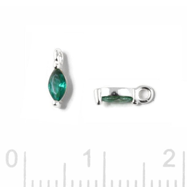 Pendant, oval zirconia with loop, Emerald green, silver, 7x2x2.5mm, 2pcs